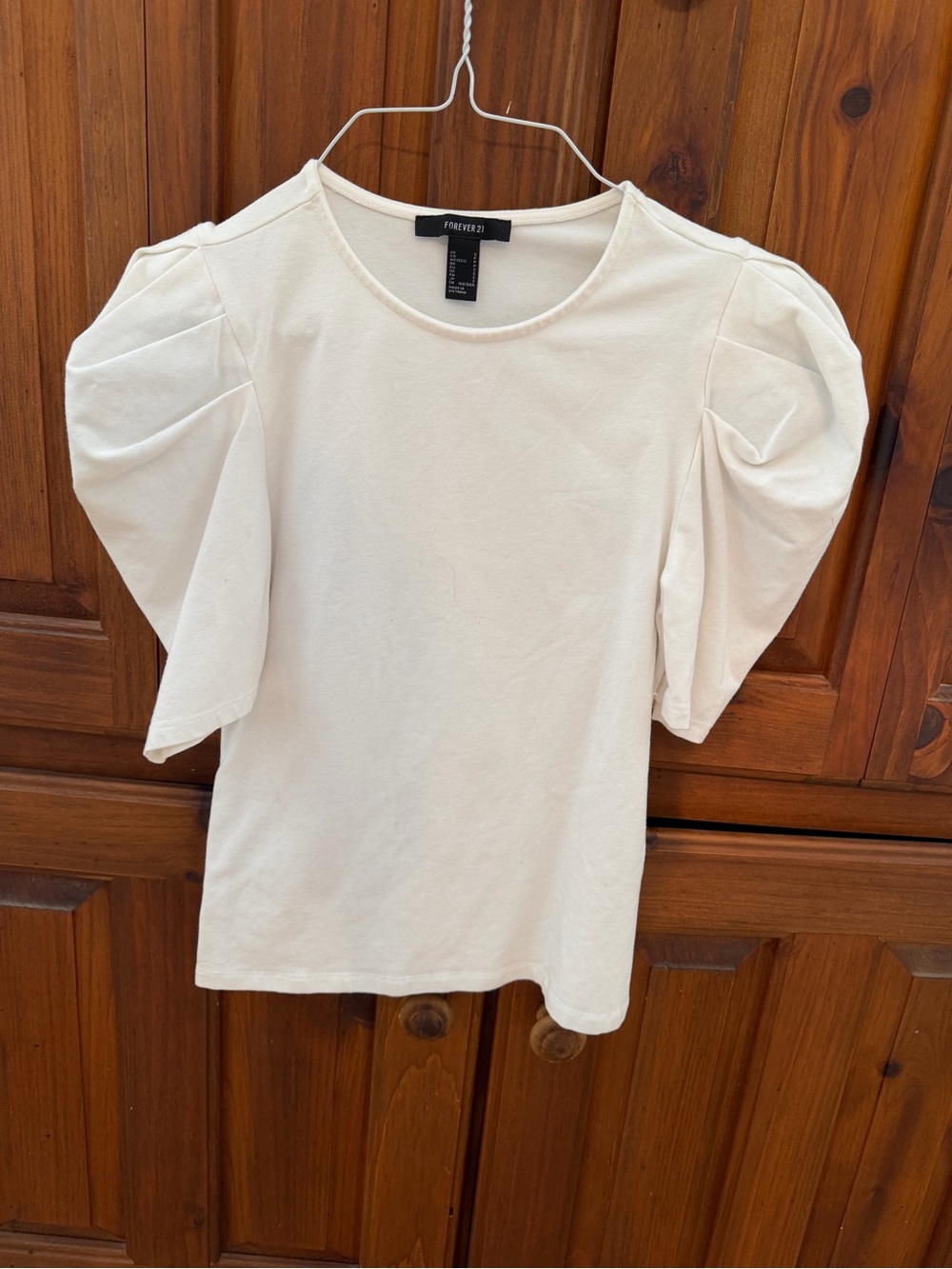 Forever 21 Cream Puff Sleeve Crewneck Top - Off-White